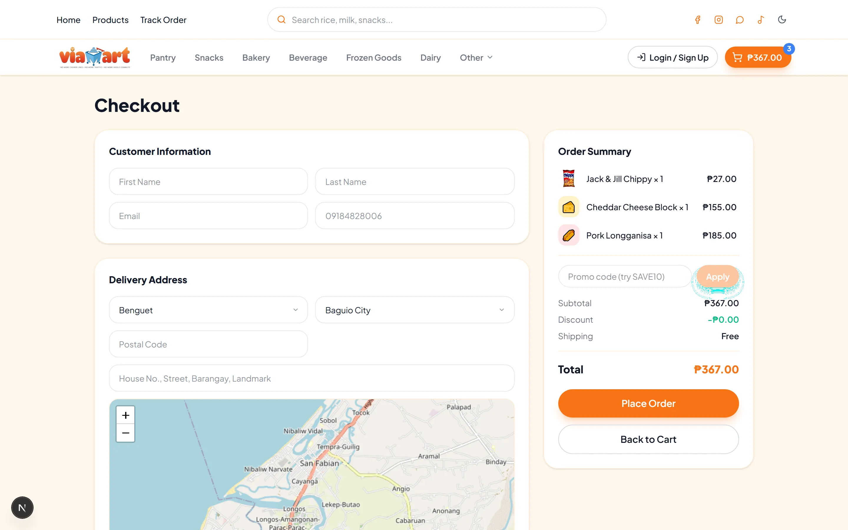 The checkout page with customer information fields, a delivery address form with province and city selectors, a map, and an order summary with a Place Order button.