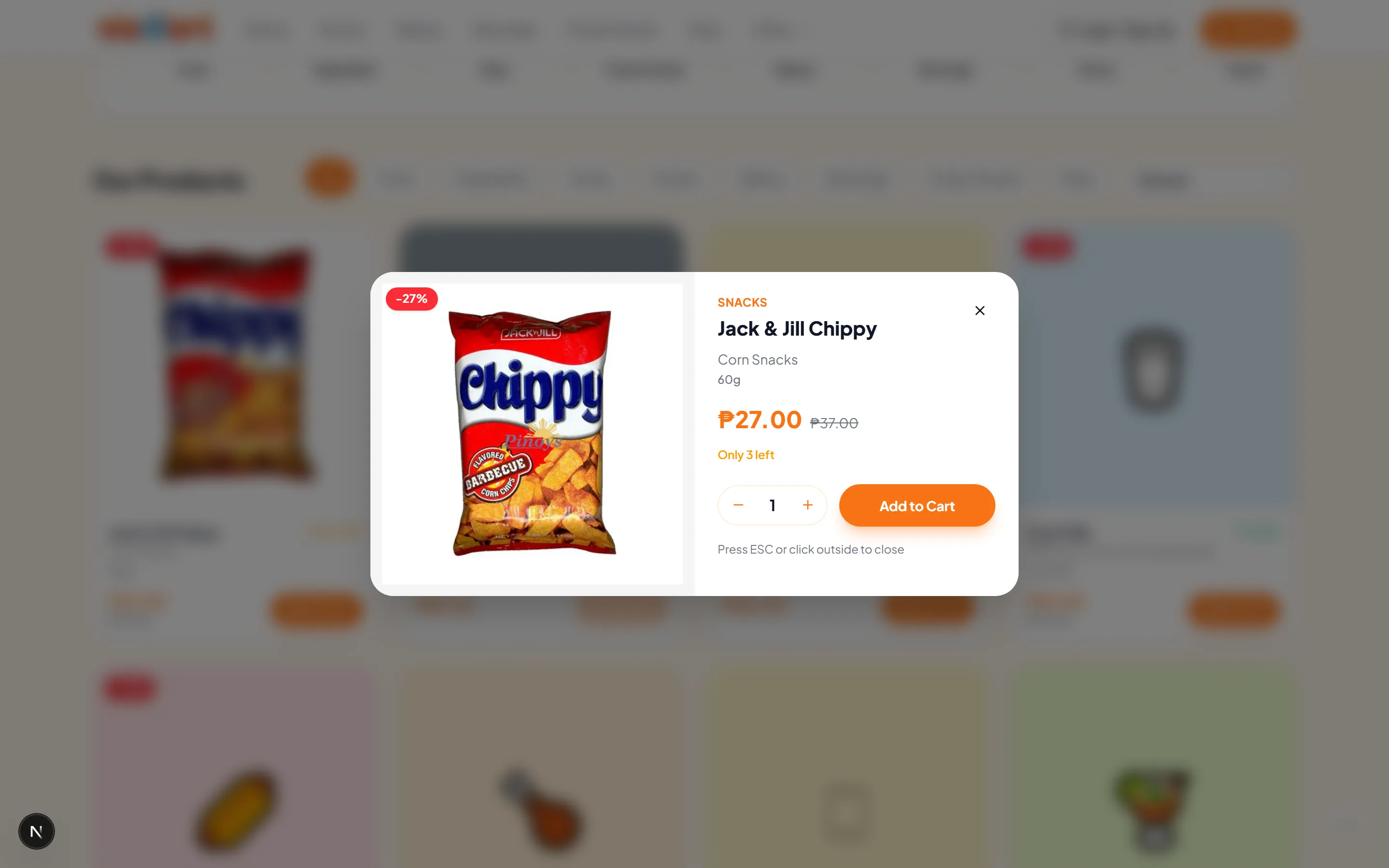 The product quick view panel, showing a product image, description, price, stock status, a quantity stepper and an add-to-cart button.